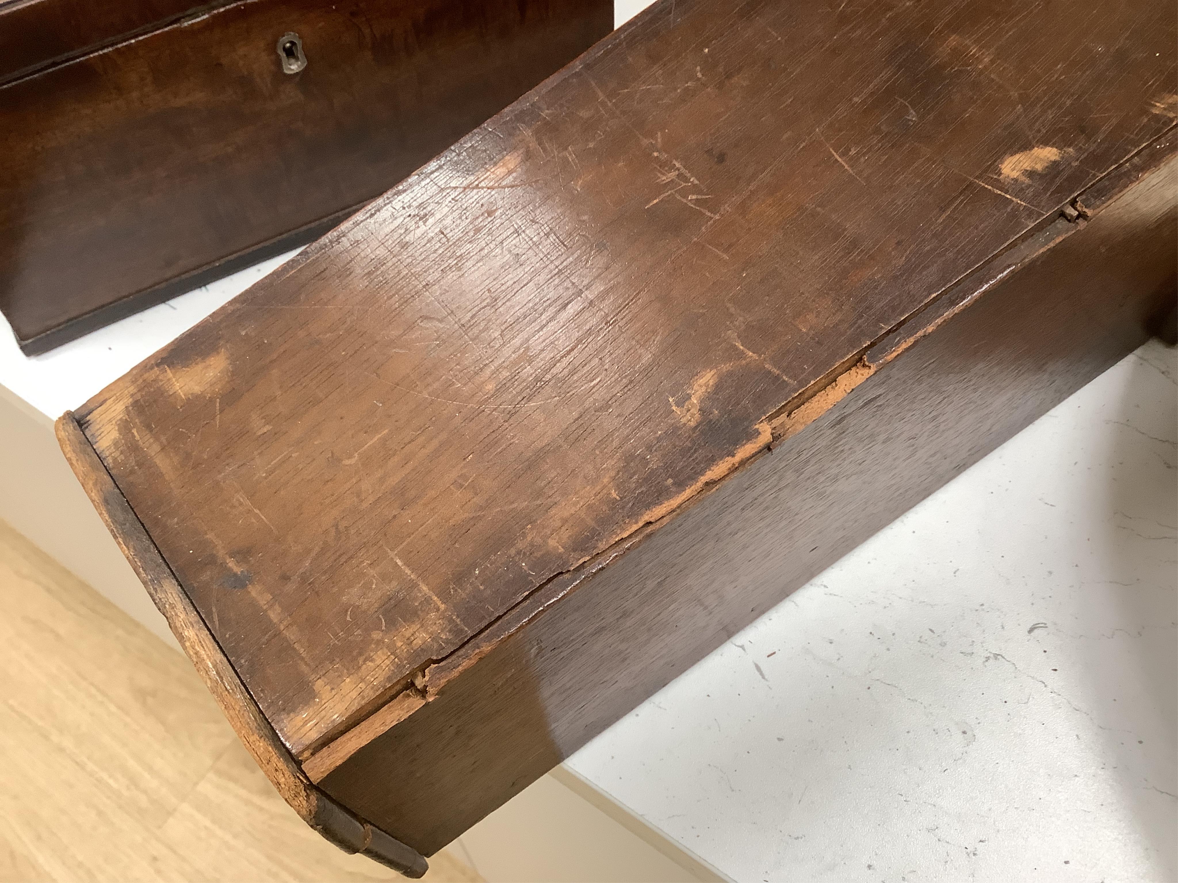 A late 18th century mahogany tea caddy and a similar candle box, 52cm. Condition - fair